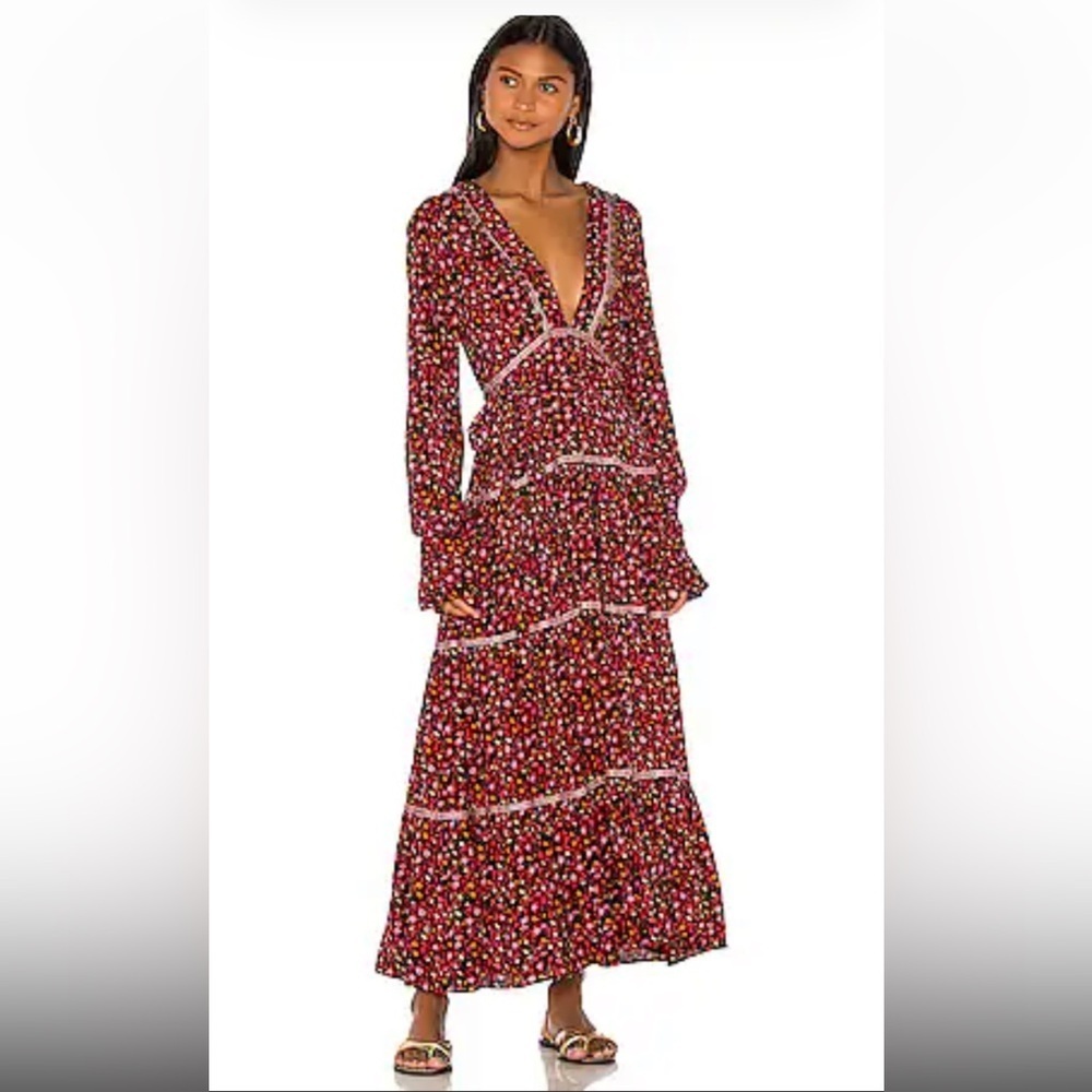 FREE PEOPLE Take A Little Time Long Maxi Dress Black w/Velvet Trim Sz 10 NWT